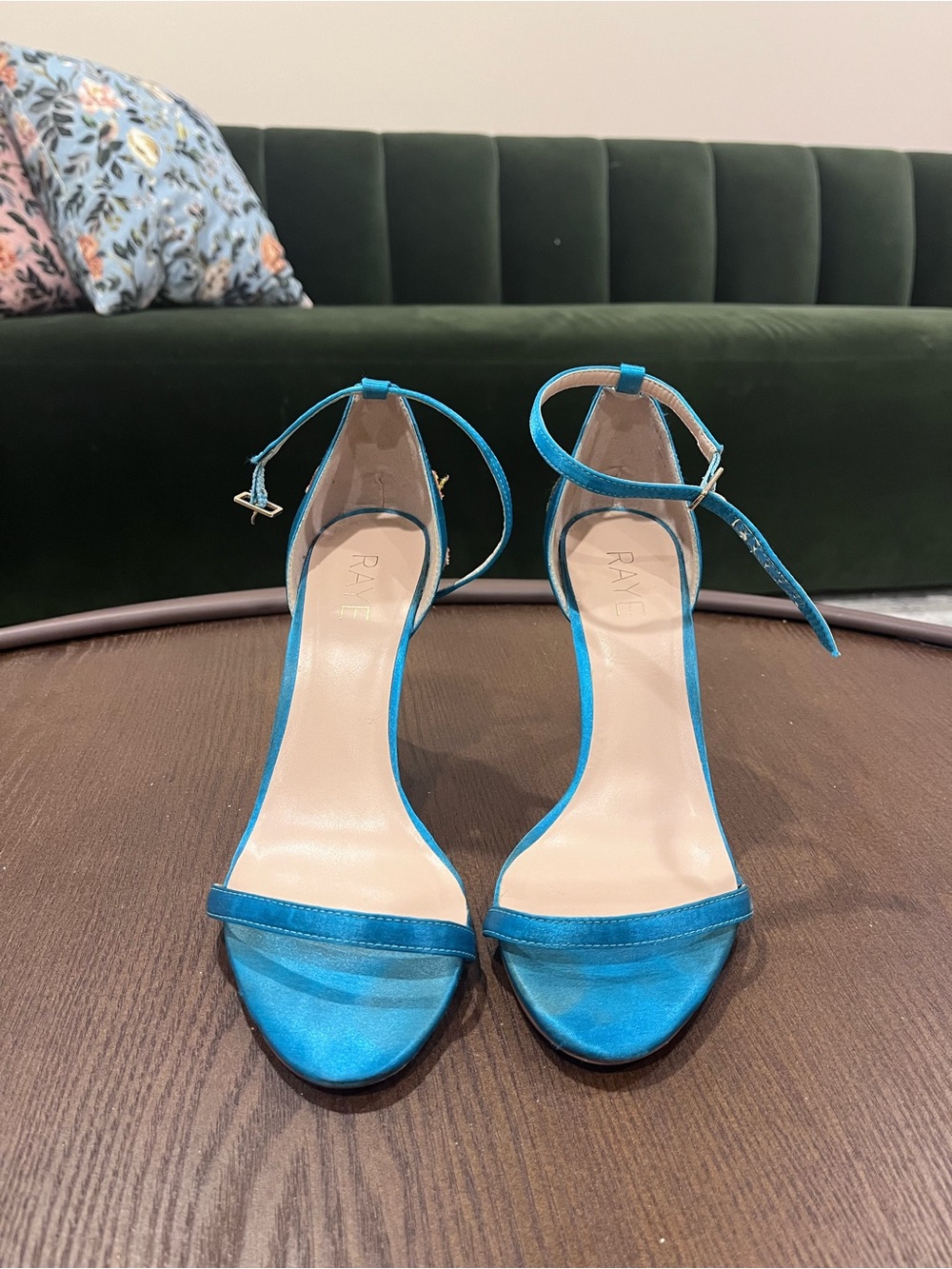 Raye Blue Satin Ankle-Strap Heels with Tropical Detail